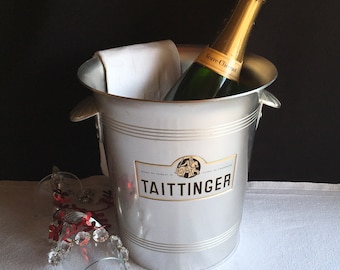 Vintage French “TAITTINGER” Champagne bucket, wine cooler. Made in France. Used but great condition. Bar, Bistro, Advertising