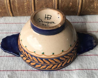 HENRIOT QUIMPER, Bretaña, cuenco con asa y doble asa, pintado a mano y bordado. Vintage francés, fabricado en Bretaña.