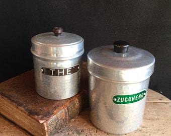 Alluminium duo of vintage ITALIAN kitchen canisters, jars, decoration, industrial, country. CAFFE and ZUCHERO on lovely  labels.