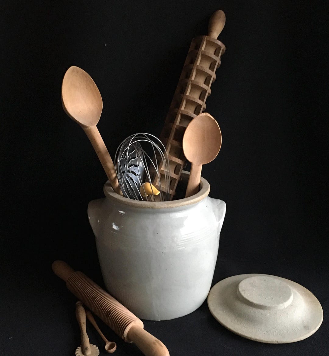Antique French Stoneware Confit Pot, Beige Kitchen Utensil Container ...