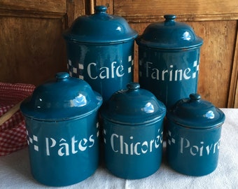 5 Vintage BLEU and White LUSTUCRU French Enamel Kitchen jars, canisters, storage containers. Kitchen decoration, farmhouse, country kitchen