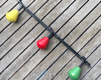 1960 Vintage French metal and wood COATRACK, 3 pegs.