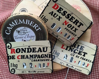 3 AUTHENTIC Grocery store, Cheese shop price labels. Vintage French in used but great condition. Food photography, props