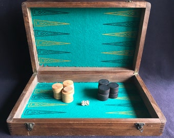 Jeu de backgammon vintage en BOIS, complet, 2 dés, échiquier à