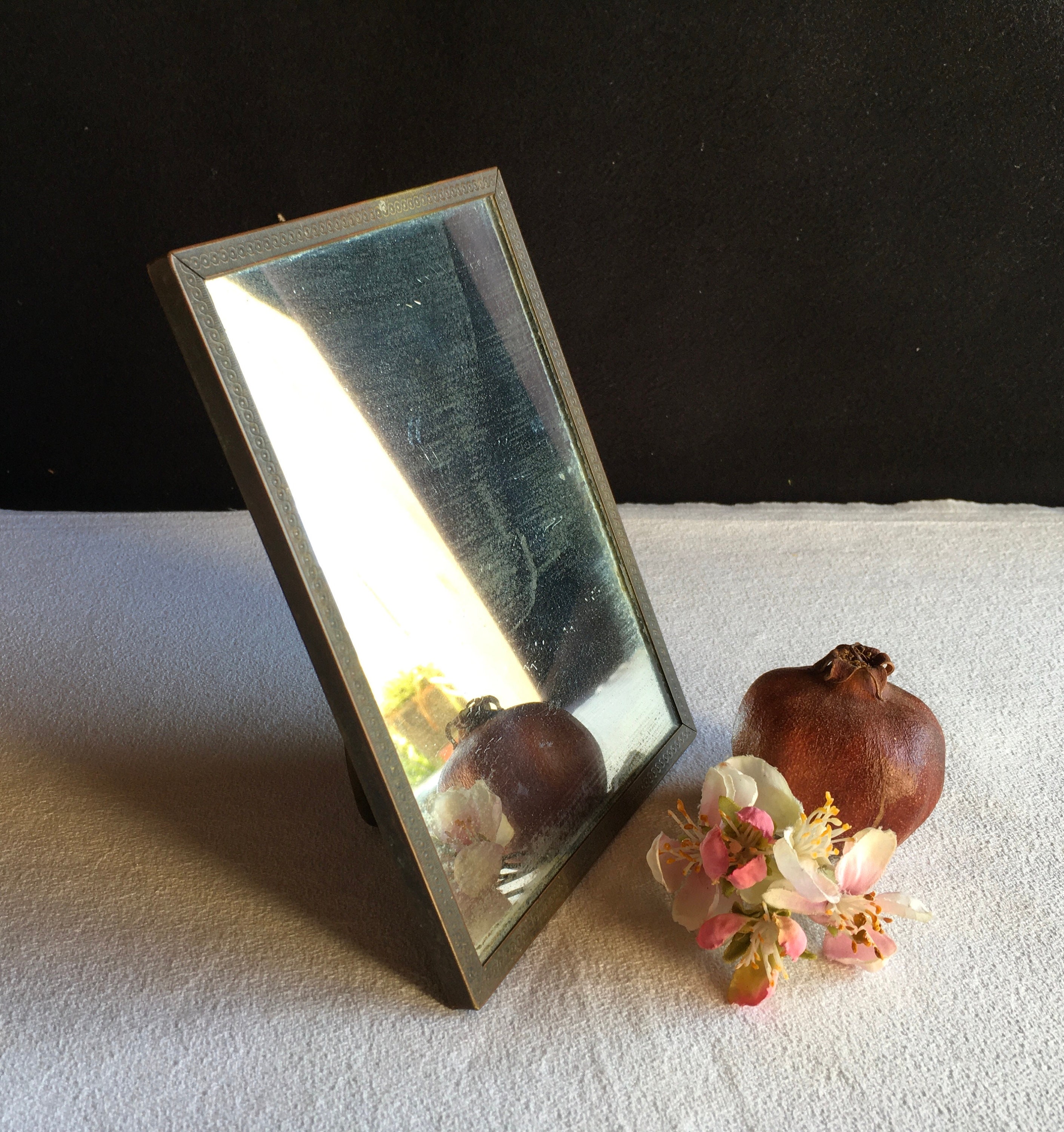 Vintage French 1960’s Barber’s mirror. Decorated metal frame.