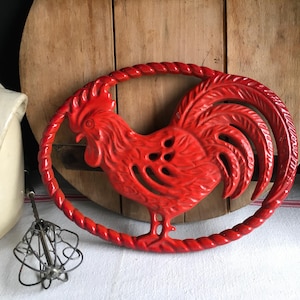 Vintage French TRIVET, wrought iron, cockerel shaped. Red. Made in France, wrought iron. Potholder, pot holder, hot plate pad.
