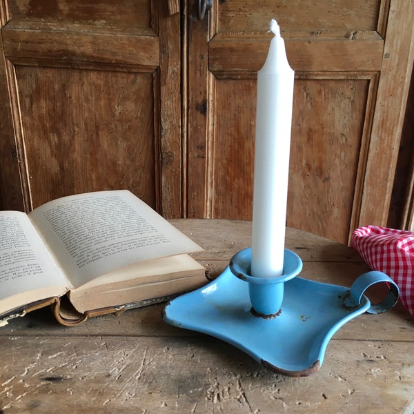 Vintage French Enamel candle stick holder, or bougeoir, 1950’s. Powdery bleu. Almost square, CUTE!