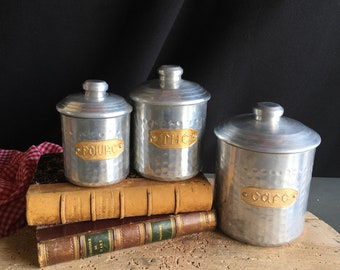 Alluminium set of 3 VINTAGE FRENCH kitchen canisters, jars with brass labels. Kitchen decoration, industrial, country