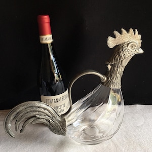 Vintage Italian wine decanter in shape of COCKEREL glass and pewter. Fabulous man gift.