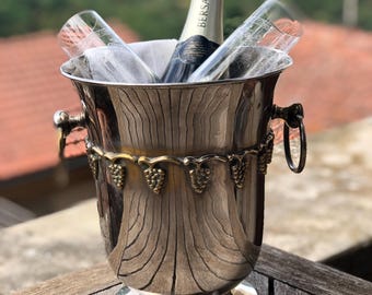 Vintage French 1960’s Silver Plated Champagne bucket, wine cooler. Pied douce, or footed. Decorated with bunches of grapes