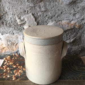 May include: A beige ceramic jar with a lid, featuring two side handles. The jar has a cylindrical shape with a ridged design around the middle. The lid is flat and slightly darker in colour. The background is a stone wall.