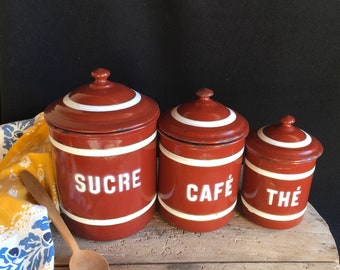 3 Vintage French BROWN & WHITE enamel kitchen jars, canisters, storage containers. French style, farmhouse, country kitchen decoration.