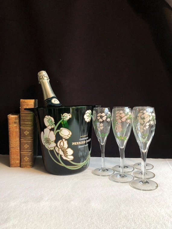 6 Vintage Perrier-jouet Champagne Flutes and Matching Bucket, Hand