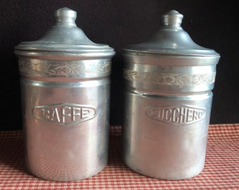 Alluminium duo of vintage ITALIAN kitchen canisters, jars, decoration, industrial, country. CAFFE and ZUCHERO labels embossed.
