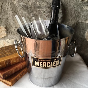 Vintage Chromed “MERCIER”  Champagne bucket, cooler, ice bucket. Mercier Champagne logo on 1 side. Chromed metal 1950’s