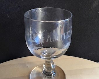 Antique French mouth (hand) blown glass with “AMITIE” (friendship) and flowers engraved.