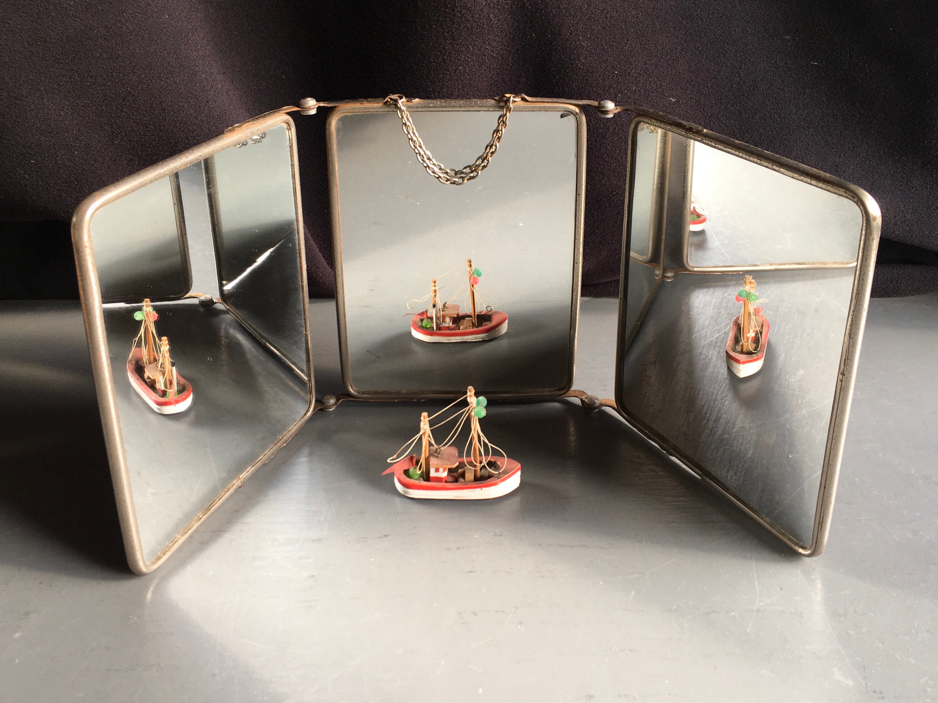 Vintage French 1950’s Barbers mirror, TRIFOLD, TRIPTYCH, TRIPTYQUE in great condition.