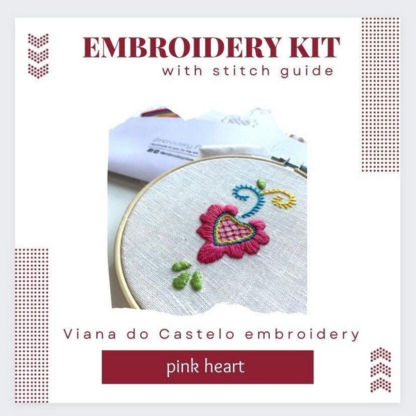 Embroidery Kit | Viana do Castelo | Beginner | Heart of Viana | DIY | Pink | Coracao de Viana | Needle Work | Craft | Gift | Stitch Guides