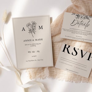 Modèle d'invitation de mariage minimal rustique Invitation florale de mariage Invitation de mariage personnalisée téléchargeable pour mariage Carte RSVP beige incluse