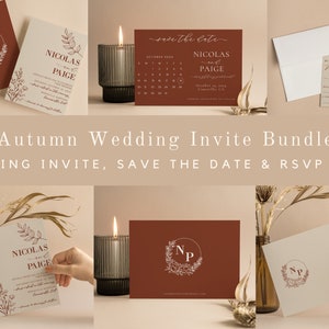 Autumn wedding invitation set, Modern terracotta boho invitation, Boho Wedding invitation template, Fall wedding invite bundle Save the Date