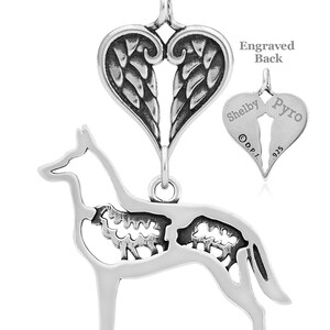 May include: Sterling silver pendant featuring a German Shepherd silhouette with an angel wing heart charm. The back of the charm is engraved with the names "Shelby" and "Pyro" and the inscription "O.D.P.J. 925".