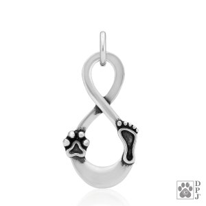 May include: Silver infinity symbol pendant with a paw print and a footprint on each side. The pendant is a symbol of everlasting love and remembrance for a pet.