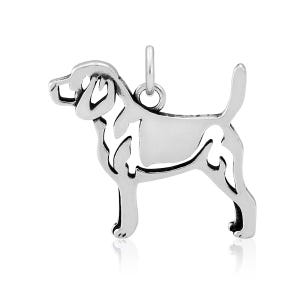 May include: Silver charm in the shape of a Beagle dog. The charm is a cutout design, with the dog's silhouette visible.