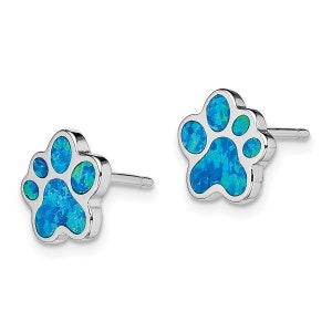 May include: A pair of silver stud earrings featuring a blue opal paw print design.