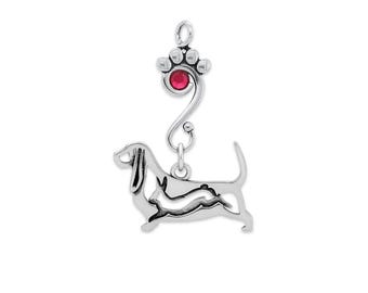 Sterling Silver Basset Hound Birthstone Necklace
