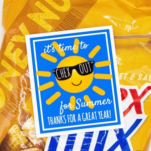 May include: A blue card with a yellow sun wearing sunglasses and the text "it's time to "CHEX OUT" for Summer THANKS FOR A GREAT YEAR!"