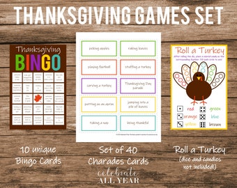 May include: A set of Thanksgiving games includes 10 unique bingo cards, 40 charades cards, and a roll-a-turkey game. The bingo cards feature Thanksgiving-themed images and words. The charades cards feature Thanksgiving-themed activities. The roll-a-turkey game features a turkey with colored feathers and dice with different colors. The text on the image reads "Thanksgiving Games Set", "10 unique Bingo Cards", "Set of 40 Charades Cards", "Roll a Turkey (dice and candies not included!)", and "celebrate ALL YEAR".