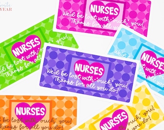 May include: Colorful rectangular cards with polka dot backgrounds and a heart-shaped graphic that says "NURSES". The cards also include the text "We'd be lost with 'ouch' you! Thanks for all you do!" in white.