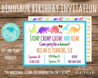 May include: A printable dinosaur birthday invitation with a blue border. The invitation features a watercolour illustration of five dinosaurs with colourful accents. The text reads "Stomp Chomp Growl and Roar Come party like a dinosaur! Micah is turning six September 20 12:00-2:00 1234 Main St. Syracuse, UT RSVP 987-654-3210 *See additional listing for coordinating party decor!* Celebrate All Year"