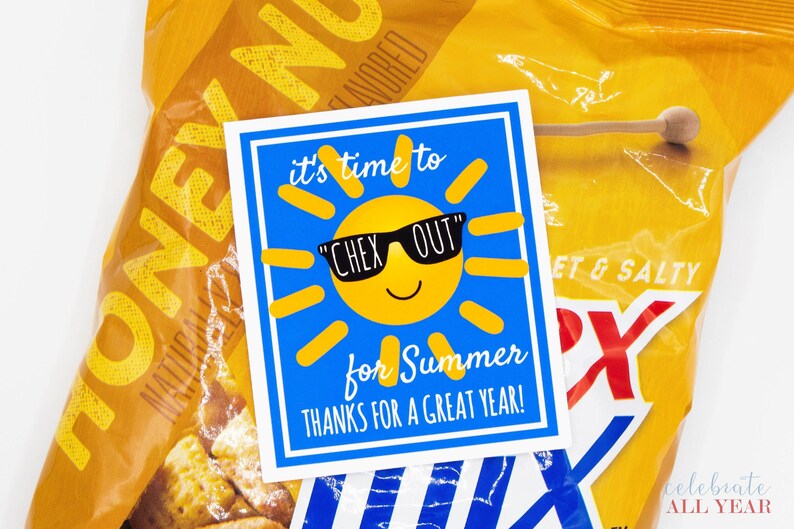 May include: A blue card with a yellow sun wearing sunglasses and the text "it's time to "CHEX OUT" for Summer THANKS FOR A GREAT YEAR!"