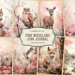 Watercolor Forest Junk Journal Printable Pages, Woodland Animals Junk Journal Kit, Junk Journal Paper, Pink Junk Journal