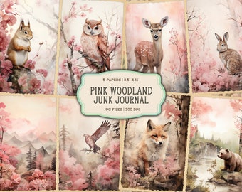 Watercolor Forest Junk Journal Printable Pages, Woodland Animals Junk Journal Kit, Junk Journal Paper, Pink Junk Journal