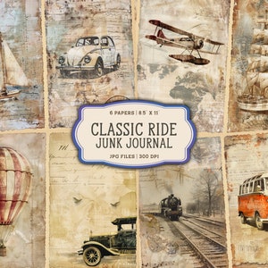 Páginas imprimíveis do diário de lixo vintage, transporte vintage, diário de lixo de viagem para impressão, diário de viagem vintage