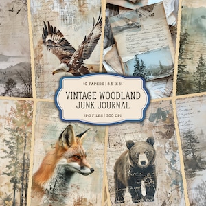 Páginas imprimíveis do diário de lixo da floresta vintage, kit de diário de lixo de animais da floresta, papel de diário de lixo vintage, folha de colagem digital de floresta