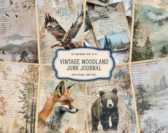 Vintage Woodland Junk Journal Printable Pages, Woodland Animals Junk Journal Kit, Vintage Junk Journal Paper, Forest Digital Collage Sheet
