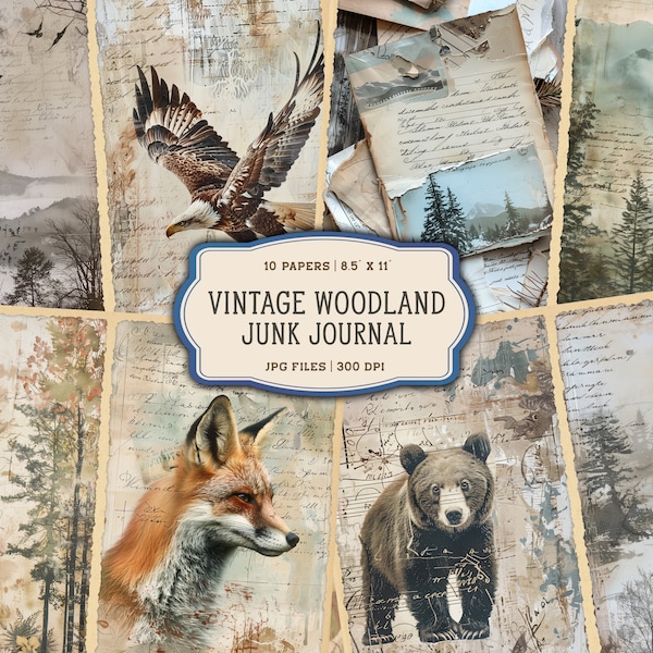 Vintage Woodland Junk Journal Printable Pages, Woodland Animals Junk Journal Kit, Vintage Junk Journal Paper, Forest Digital Collage Sheet