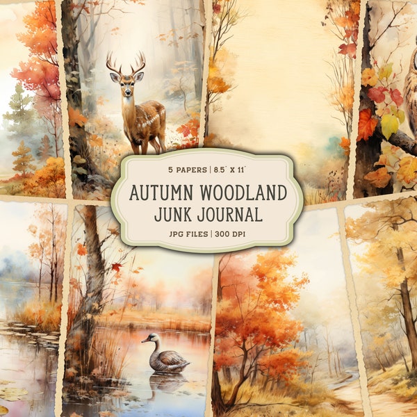 Watercolor Autumn Forest Junk Journal Printable Pages, Autumn Woodland Animals Journal Kit, Fall Junk Journal Paper, Digital Collage Sheet