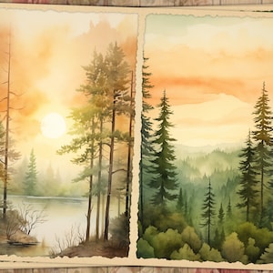 May include: Watercolor paintings of a forest landscape with a lake and a sunset. The artwork features tall pine trees, a bright sun, and a soft, warm color palette of oranges, yellows, and greens. The paintings are on textured paper.