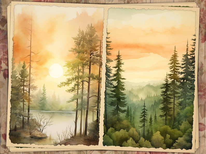 May include: Watercolor paintings of a forest landscape with a lake and a sunset. The artwork features tall pine trees, a bright sun, and a soft, warm color palette of oranges, yellows, and greens. The paintings are on textured paper.