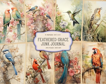 Watercolor Birds Junk Journal Printable Pages, Vintage Birds Junk Journal Kit, Junk Journal Paper, Digital Collage Sheet