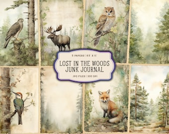 Watercolor Forest Junk Journal Printable Pages, Woodland Animals Junk Journal Kit, Junk Journal Paper, Digital Collage Sheet