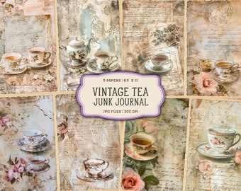 May include: Five vintage digital papers featuring teacups, teapots, and roses on a background of old paper with handwritten text. The papers are 8.5 inches by 11 inches and 300 DPI.  Vintage Tea Junk Journal.