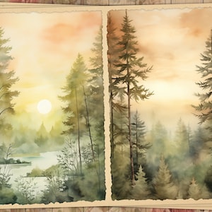 May include: Watercolor painting of a forest scene with a sunrise. The artwork is split into two panels, each depicting tall evergreen trees and a hazy, golden sky. The overall theme is nature and landscape.