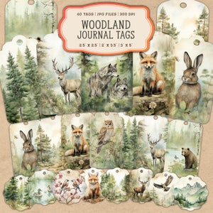 40 pages imprimables de journal indésirable de la forêt aquarelle, kit de journal indésirable des animaux de la forêt, étiquettes de journal indésirable, feuille de collage numérique
