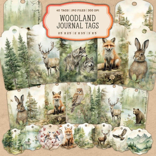 40 Watercolor Forest Junk Journal Printable Pages, Woodland Animals Junk Journal Kit, Junk Journal Tags, Digital Collage Sheet