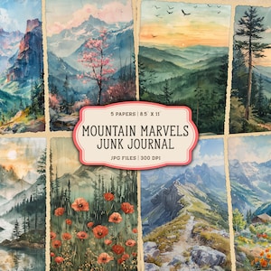 Pagine stampabili del diario della spazzatura delle montagne dell'acquerello, carta del diario della spazzatura delle montagne, kit del diario della spazzatura del bosco, diario dell'escursionismo